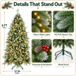 6 ft Pre-Lit Artificial Christmas Tree, 380 Warm White LED Lights, 1,264 PE/PVC Branch Tips, Hinged 3-Section Design with Metal Stand