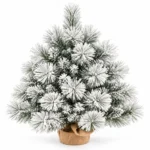 2 ft Flocked Artificial Tabletop Christmas Tree, 154 Branch Tips, Unlit Snowy Foliage and Burlap Wrapped Base for Rustic Centerpieces