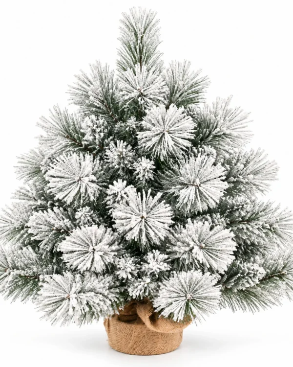 2 ft Flocked Artificial Tabletop Christmas Tree, 154 Branch Tips, Unlit Snowy Foliage and Burlap Wrapped Base for Rustic Centerpieces
