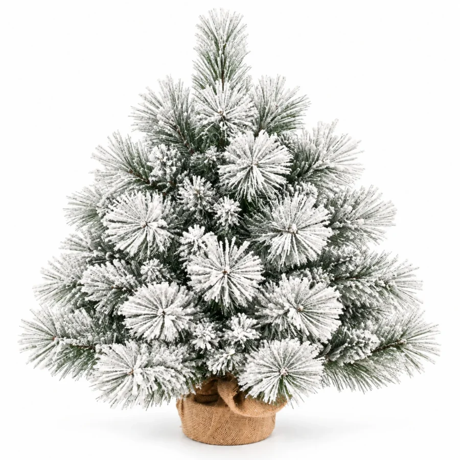 2 ft Flocked Artificial Tabletop Christmas Tree, 154 Branch Tips, Unlit Snowy Foliage and Burlap Wrapped Base for Rustic Centerpieces