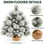 2 ft Flocked Artificial Tabletop Christmas Tree, 154 Branch Tips, Unlit Snowy Foliage and Burlap Wrapped Base for Rustic Centerpieces