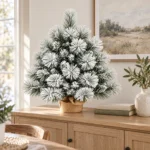 2 ft Flocked Artificial Tabletop Christmas Tree, 154 Branch Tips, Unlit Snowy Foliage and Burlap Wrapped Base for Rustic Centerpieces