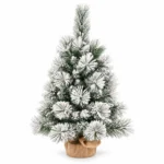 2 ft Flocked Artificial Tabletop Christmas Tree, Unlit Mini Tree with 68 Branch Tips and Burlap Wrapped Base for Rustic Holiday Decor