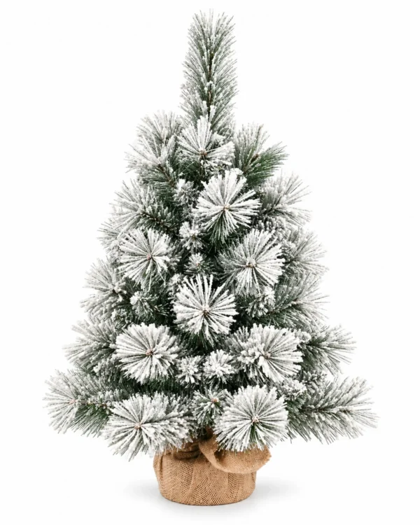 2 ft Flocked Artificial Tabletop Christmas Tree, Unlit Mini Tree with 68 Branch Tips and Burlap Wrapped Base for Rustic Holiday Decor