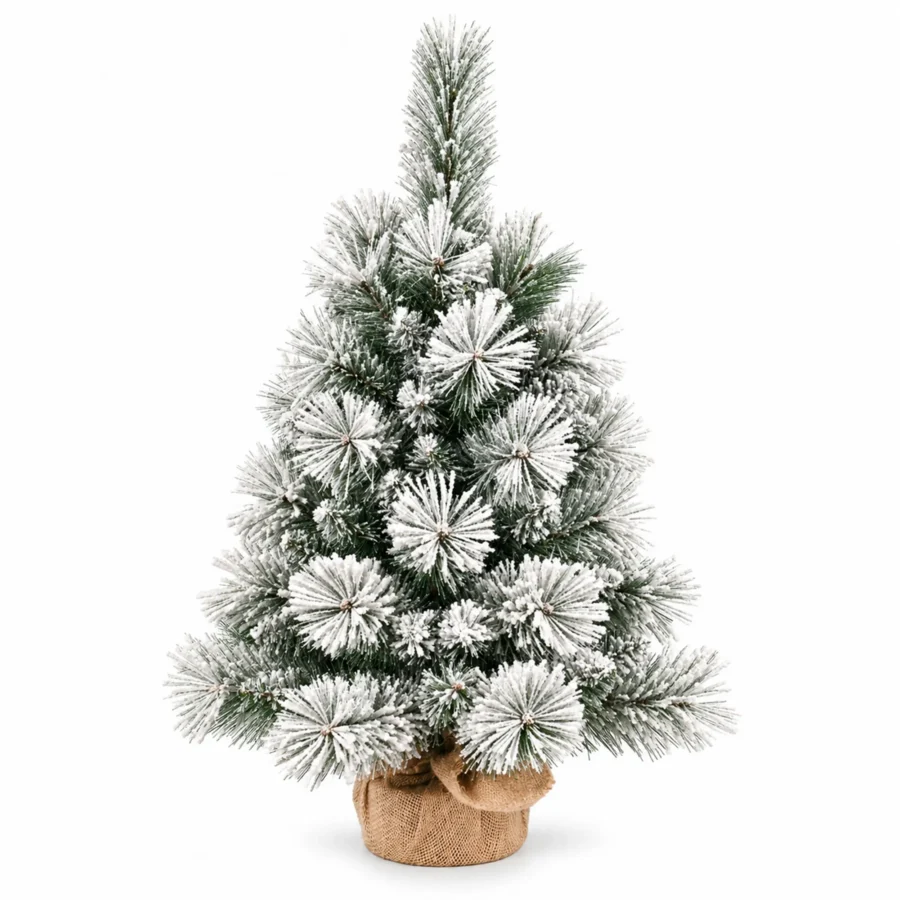 2 ft Flocked Artificial Tabletop Christmas Tree, Unlit Mini Tree with 68 Branch Tips and Burlap Wrapped Base for Rustic Holiday Decor