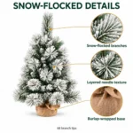 2 ft Flocked Artificial Tabletop Christmas Tree, Unlit Mini Tree with 68 Branch Tips and Burlap Wrapped Base for Rustic Holiday Decor