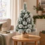 2 ft Flocked Artificial Tabletop Christmas Tree, Unlit Mini Tree with 68 Branch Tips and Burlap Wrapped Base for Rustic Holiday Decor