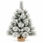 2 ft Flocked Artificial Tabletop Christmas Tree, 99 Branch Tips, Unlit Snowy Mini Tree with Burlap Base for Console and Holiday Decor