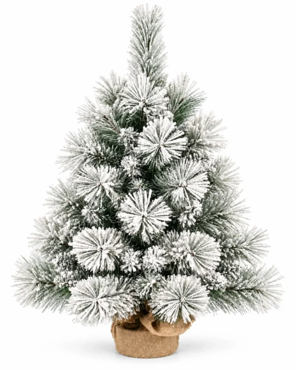 2 ft Flocked Artificial Tabletop Christmas Tree, 99 Branch Tips, Unlit Snowy Mini Tree with Burlap Base for Console and Holiday Decor