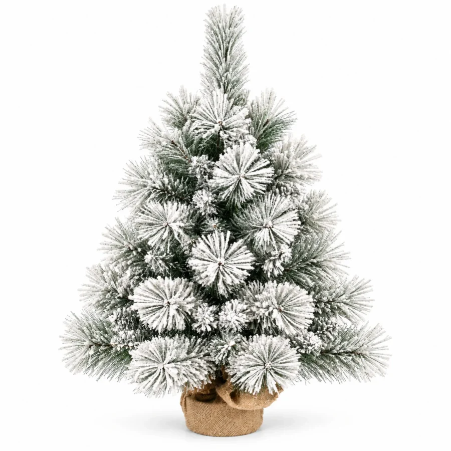 2 ft Flocked Artificial Tabletop Christmas Tree, 99 Branch Tips, Unlit Snowy Mini Tree with Burlap Base for Console and Holiday Decor