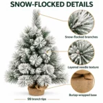 2 ft Flocked Artificial Tabletop Christmas Tree, 99 Branch Tips, Unlit Snowy Mini Tree with Burlap Base for Console and Holiday Decor