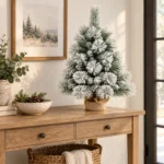 2 ft Flocked Artificial Tabletop Christmas Tree, 99 Branch Tips, Unlit Snowy Mini Tree with Burlap Base for Console and Holiday Decor