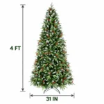 4 ft Artificial Christmas Tree with Red Berry Accents and Pinecones, 747 PE/PVC Tips, Unlit Hinged Tree with Metal Stand