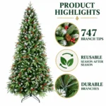 4 ft Artificial Christmas Tree with Red Berry Accents and Pinecones, 747 PE/PVC Tips, Unlit Hinged Tree with Metal Stand
