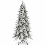 5 ft Flocked Artificial Christmas Tree with 25 Pinecones, Snowy PE/PVC Foliage, 671 Tips, Unlit with Hinged Branches and Metal Stand