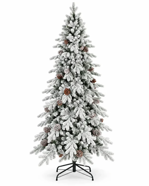 5 ft Flocked Artificial Christmas Tree with 25 Pinecones, Snowy PE/PVC Foliage, 671 Tips, Unlit with Hinged Branches and Metal Stand