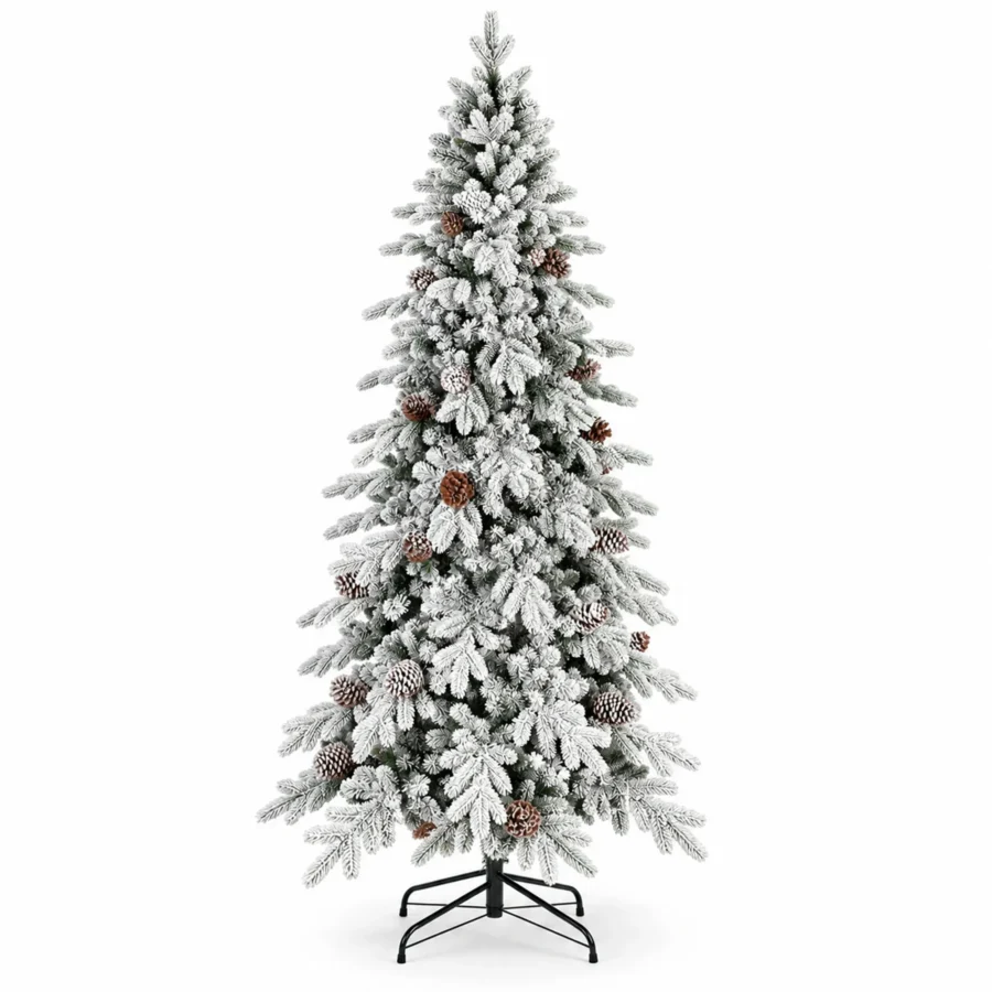 5 ft Flocked Artificial Christmas Tree with 25 Pinecones, Snowy PE/PVC Foliage, 671 Tips, Unlit with Hinged Branches and Metal Stand