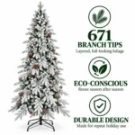 5 ft Flocked Artificial Christmas Tree with 25 Pinecones, Snowy PE/PVC Foliage, 671 Tips, Unlit with Hinged Branches and Metal Stand