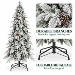 5 ft Flocked Artificial Christmas Tree with 25 Pinecones, Snowy PE/PVC Foliage, 671 Tips, Unlit with Hinged Branches and Metal Stand