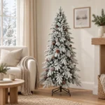5 ft Flocked Artificial Christmas Tree with 25 Pinecones, Snowy PE/PVC Foliage, 671 Tips, Unlit with Hinged Branches and Metal Stand