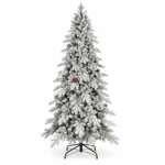 6.5 ft Flocked Artificial Christmas Tree with 37 Pinecones, 1,085 PE/PVC Tips, Unlit Snowy Foliage, Hinged Branches and Metal Stand