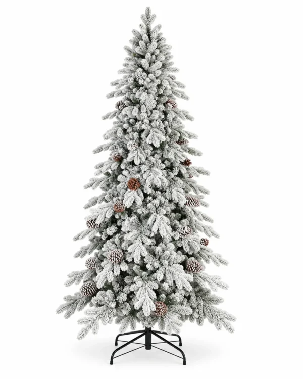 6.5 ft Flocked Artificial Christmas Tree with 37 Pinecones, 1,085 PE/PVC Tips, Unlit Snowy Foliage, Hinged Branches and Metal Stand