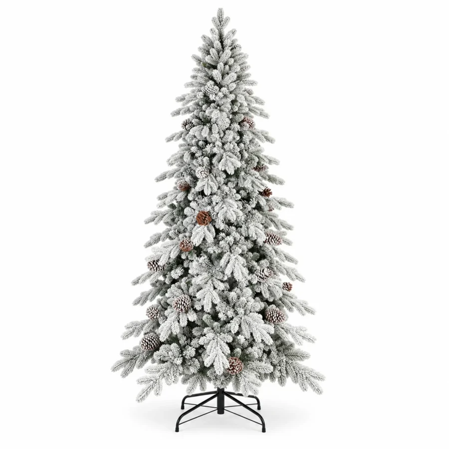 6.5 ft Flocked Artificial Christmas Tree with 37 Pinecones, 1,085 PE/PVC Tips, Unlit Snowy Foliage, Hinged Branches and Metal Stand