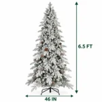 6.5 ft Flocked Artificial Christmas Tree with 37 Pinecones, 1,085 PE/PVC Tips, Unlit Snowy Foliage, Hinged Branches and Metal Stand
