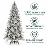 6.5 ft Flocked Artificial Christmas Tree with 37 Pinecones, 1,085 PE/PVC Tips, Unlit Snowy Foliage, Hinged Branches and Metal Stand