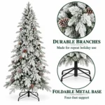 6.5 ft Flocked Artificial Christmas Tree with 37 Pinecones, 1,085 PE/PVC Tips, Unlit Snowy Foliage, Hinged Branches and Metal Stand