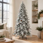 6.5 ft Flocked Artificial Christmas Tree with 37 Pinecones, 1,085 PE/PVC Tips, Unlit Snowy Foliage, Hinged Branches and Metal Stand