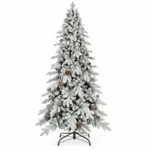 7.5 ft Flocked Artificial Christmas Tree with 40 Pinecones, 1,424 PE/PVC Tips, Unlit Snowy Foliage, Hinged Branches and Metal Stand