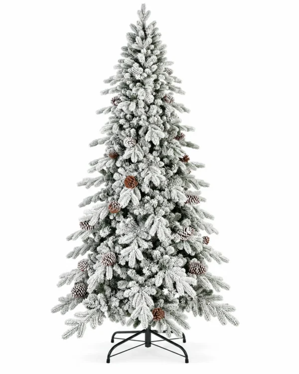 7.5 ft Flocked Artificial Christmas Tree with 40 Pinecones, 1,424 PE/PVC Tips, Unlit Snowy Foliage, Hinged Branches and Metal Stand
