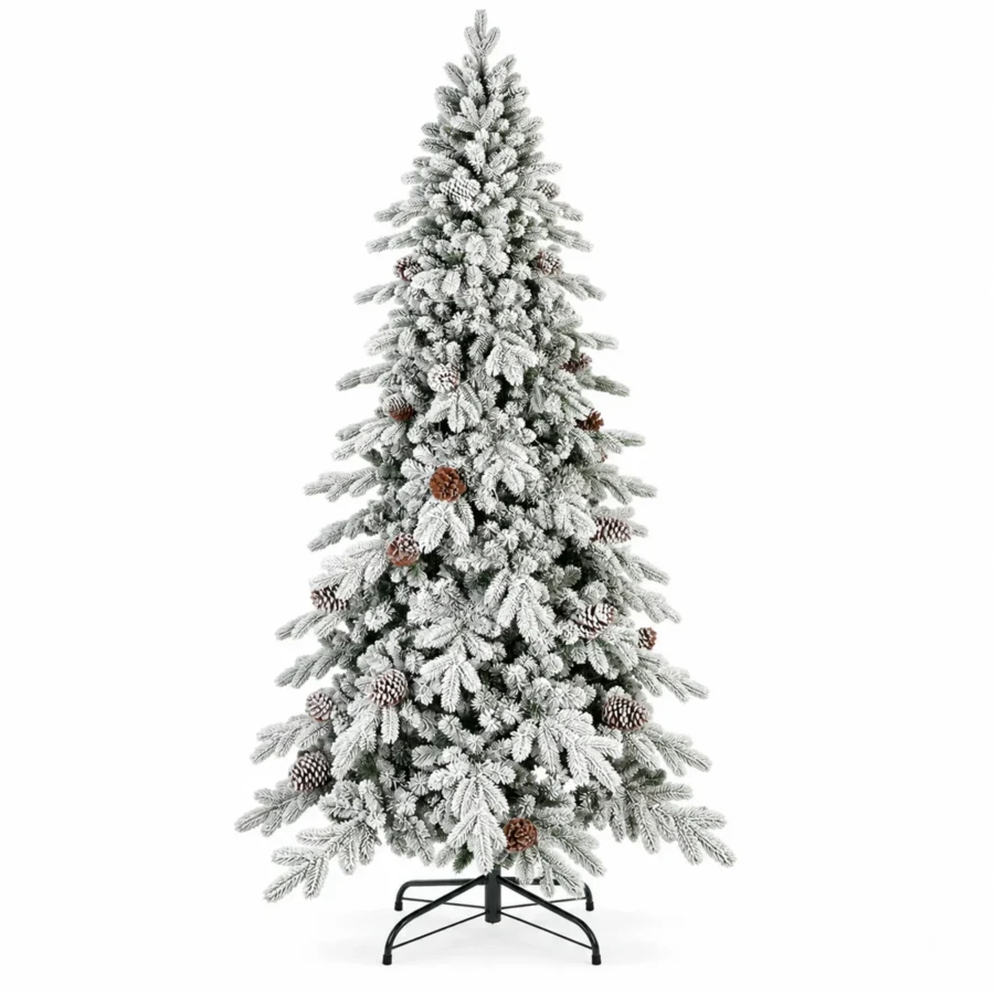 7.5 ft Flocked Artificial Christmas Tree with 40 Pinecones, 1,424 PE/PVC Tips, Unlit Snowy Foliage, Hinged Branches and Metal Stand