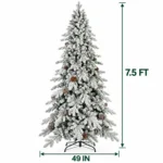 7.5 ft Flocked Artificial Christmas Tree with 40 Pinecones, 1,424 PE/PVC Tips, Unlit Snowy Foliage, Hinged Branches and Metal Stand