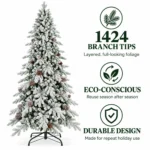 7.5 ft Flocked Artificial Christmas Tree with 40 Pinecones, 1,424 PE/PVC Tips, Unlit Snowy Foliage, Hinged Branches and Metal Stand