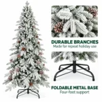 7.5 ft Flocked Artificial Christmas Tree with 40 Pinecones, 1,424 PE/PVC Tips, Unlit Snowy Foliage, Hinged Branches and Metal Stand