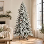 7.5 ft Flocked Artificial Christmas Tree with 40 Pinecones, 1,424 PE/PVC Tips, Unlit Snowy Foliage, Hinged Branches and Metal Stand