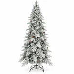 8 ft Flocked Artificial Christmas Tree with 44 Pinecones, 1,634 PE/PVC Tips, Unlit Snowy Foliage, Hinged Branches and Metal Stand
