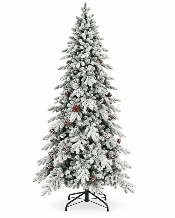 8 ft Flocked Artificial Christmas Tree with 44 Pinecones, 1,634 PE/PVC Tips, Unlit Snowy Foliage, Hinged Branches and Metal Stand