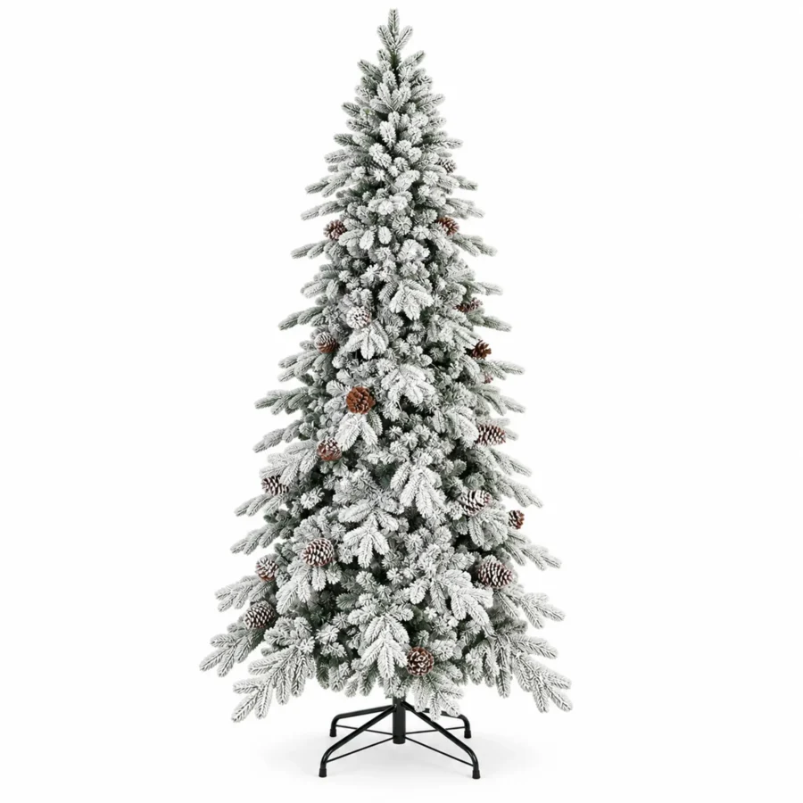 8 ft Flocked Artificial Christmas Tree with 44 Pinecones, 1,634 PE/PVC Tips, Unlit Snowy Foliage, Hinged Branches and Metal Stand