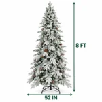 8 ft Flocked Artificial Christmas Tree with 44 Pinecones, 1,634 PE/PVC Tips, Unlit Snowy Foliage, Hinged Branches and Metal Stand