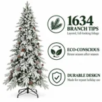 8 ft Flocked Artificial Christmas Tree with 44 Pinecones, 1,634 PE/PVC Tips, Unlit Snowy Foliage, Hinged Branches and Metal Stand