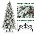 8 ft Flocked Artificial Christmas Tree with 44 Pinecones, 1,634 PE/PVC Tips, Unlit Snowy Foliage, Hinged Branches and Metal Stand