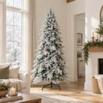 8 ft Flocked Artificial Christmas Tree with 44 Pinecones, 1,634 PE/PVC Tips, Unlit Snowy Foliage, Hinged Branches and Metal Stand