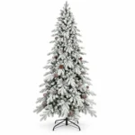 9 ft Flocked Artificial Christmas Tree with 52 Pinecones, 2,138 PE/PVC Tips, Unlit Snowy Foliage, Hinged Branches and Metal Stand
