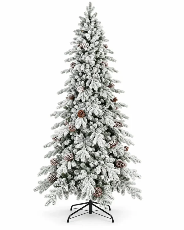 9 ft Flocked Artificial Christmas Tree with 52 Pinecones, 2,138 PE/PVC Tips, Unlit Snowy Foliage, Hinged Branches and Metal Stand