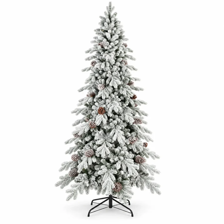 9 ft Flocked Artificial Christmas Tree with 52 Pinecones, 2,138 PE/PVC Tips, Unlit Snowy Foliage, Hinged Branches and Metal Stand