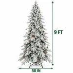 9 ft Flocked Artificial Christmas Tree with 52 Pinecones, 2,138 PE/PVC Tips, Unlit Snowy Foliage, Hinged Branches and Metal Stand
