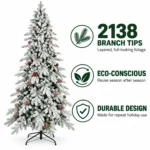 9 ft Flocked Artificial Christmas Tree with 52 Pinecones, 2,138 PE/PVC Tips, Unlit Snowy Foliage, Hinged Branches and Metal Stand